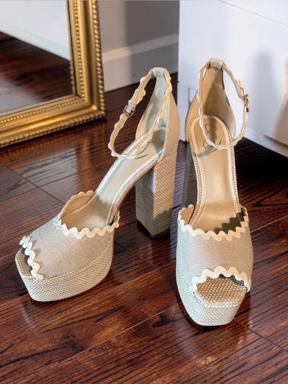 Sam Edelman Beige Woven Platform Slingback Heels